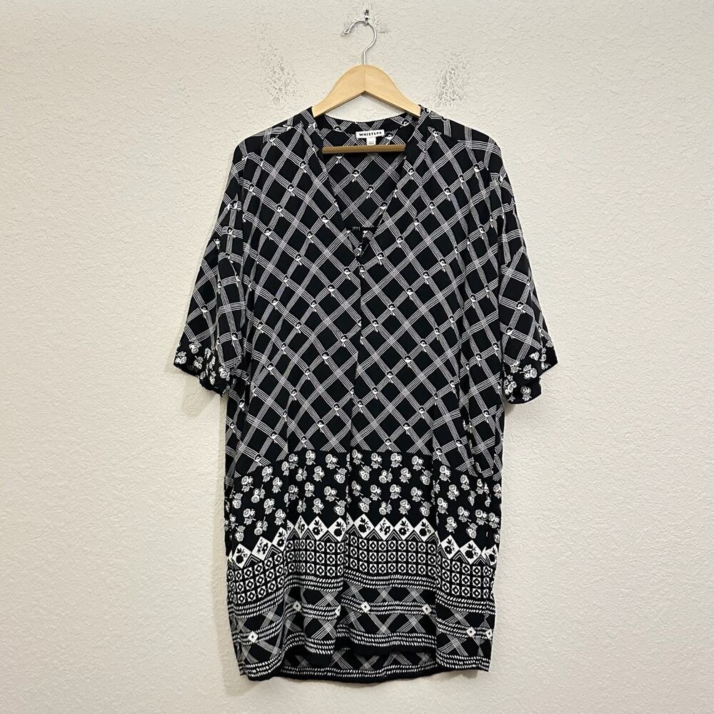 WHISTLES Crosshatch Print Luna Dress Black White Shift Mini V-Neck